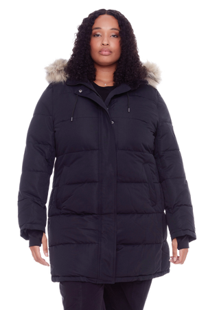 AULAVIK PLUS | WOMEN'S VEGAN DOWN (RECYCLED) MID-LENGTH HOODED PARKA COAT, BLACK (PLUS SIZE)
