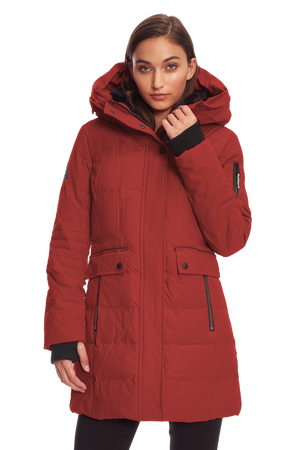 KOOTNEY | WOMEN'S VEGAN DOWN (RECYCLED) MID-LENGTH PARKA, CRIMSON