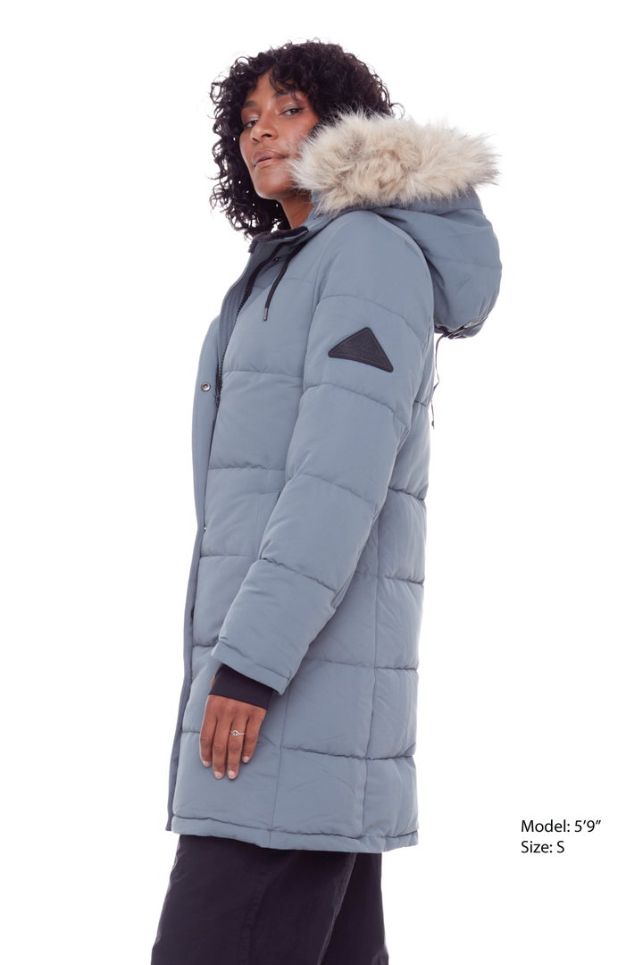 AULAVIK | WOMEN'S VEGAN DOWN (RECYCLED) MID-LENGTH HOODED PARKA COAT, SLATE