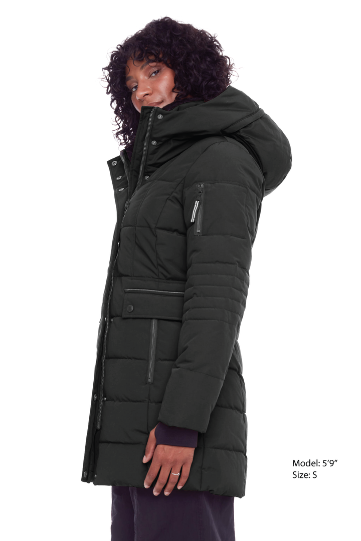 KOOTNEY | WOMEN'S VEGAN DOWN (RECYCLED) MID-LENGTH PARKA, BLACK