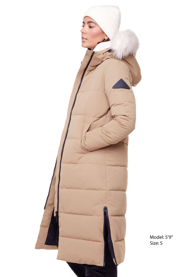KLUANE | WOMEN'S VEGAN DOWN (RECYCLED) ULTRA LONG LENGTH PARKA, CAMEL