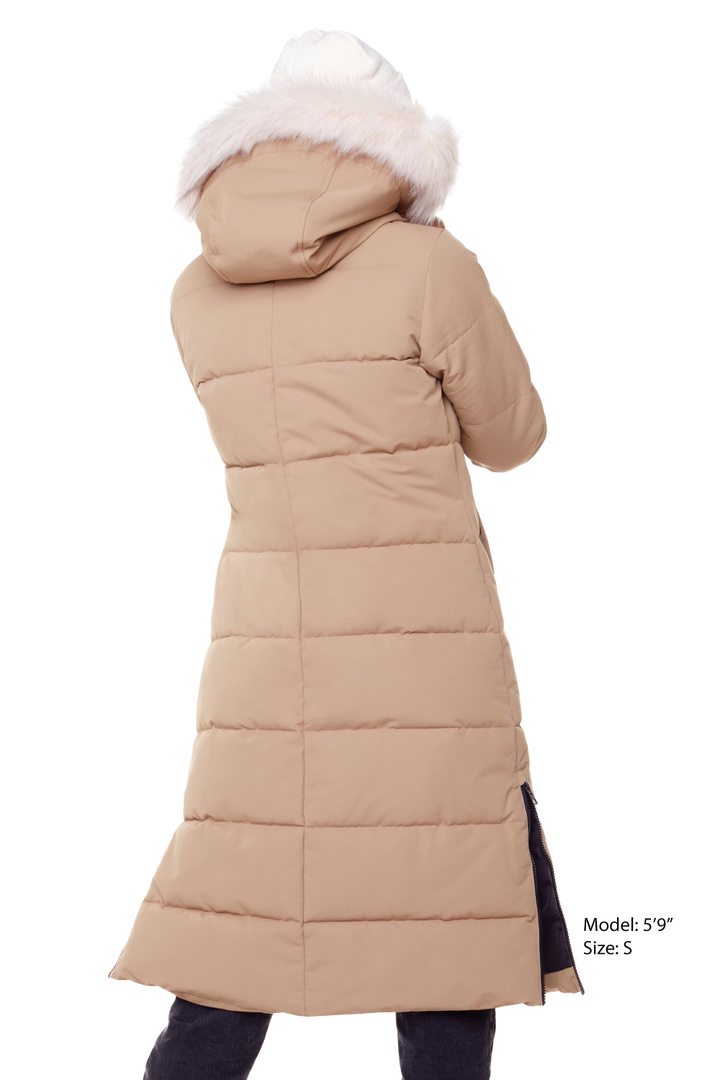 KLUANE | WOMEN'S VEGAN DOWN (RECYCLED) ULTRA LONG LENGTH PARKA, CAMEL