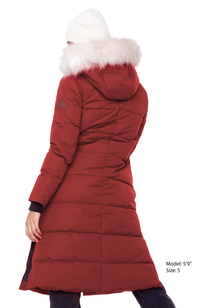 KLUANE | WOMEN'S VEGAN DOWN (RECYCLED) ULTRA LONG LENGTH PARKA, DEEP RED