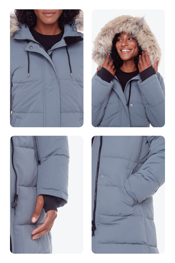 AULAVIK | WOMEN'S VEGAN DOWN (RECYCLED) MID-LENGTH HOODED PARKA COAT, SLATE