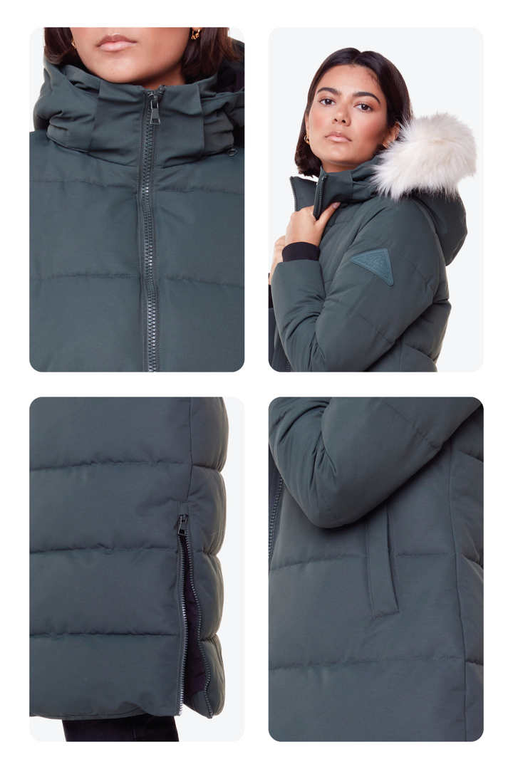 KLUANE | WOMEN'S VEGAN DOWN (RECYCLED) ULTRA LONG LENGTH PARKA, FOREST GREEN