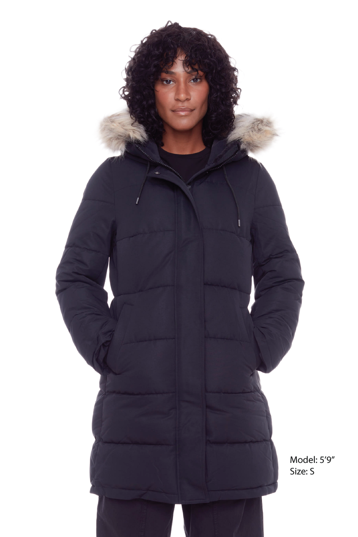 AULAVIK | WOMEN'S VEGAN DOWN (RECYCLED) MID-LENGTH HOODED PARKA COAT, BLACK