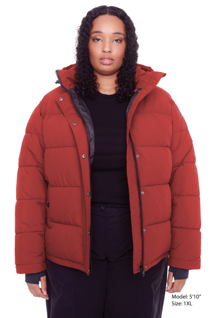 FORILLON PLUS | WOMEN'S VEGAN DOWN (RECYCLED) SHORT PUFFER JACKET, DEEP RED (PLUS SIZE)