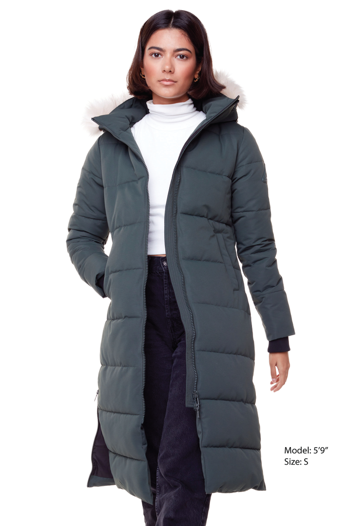 KLUANE | WOMEN'S VEGAN DOWN (RECYCLED) ULTRA LONG LENGTH PARKA, FOREST GREEN