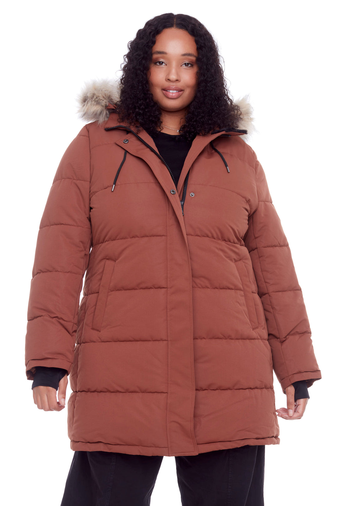 AULAVIK PLUS | WOMEN'S VEGAN DOWN (RECYCLED) MID-LENGTH HOODED PARKA COAT, MAPLE (PLUS SIZE)