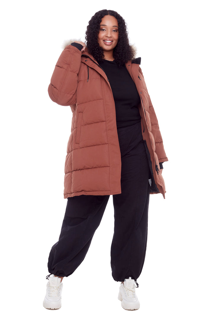 AULAVIK PLUS | WOMEN'S VEGAN DOWN (RECYCLED) MID-LENGTH HOODED PARKA COAT, MAPLE (PLUS SIZE)