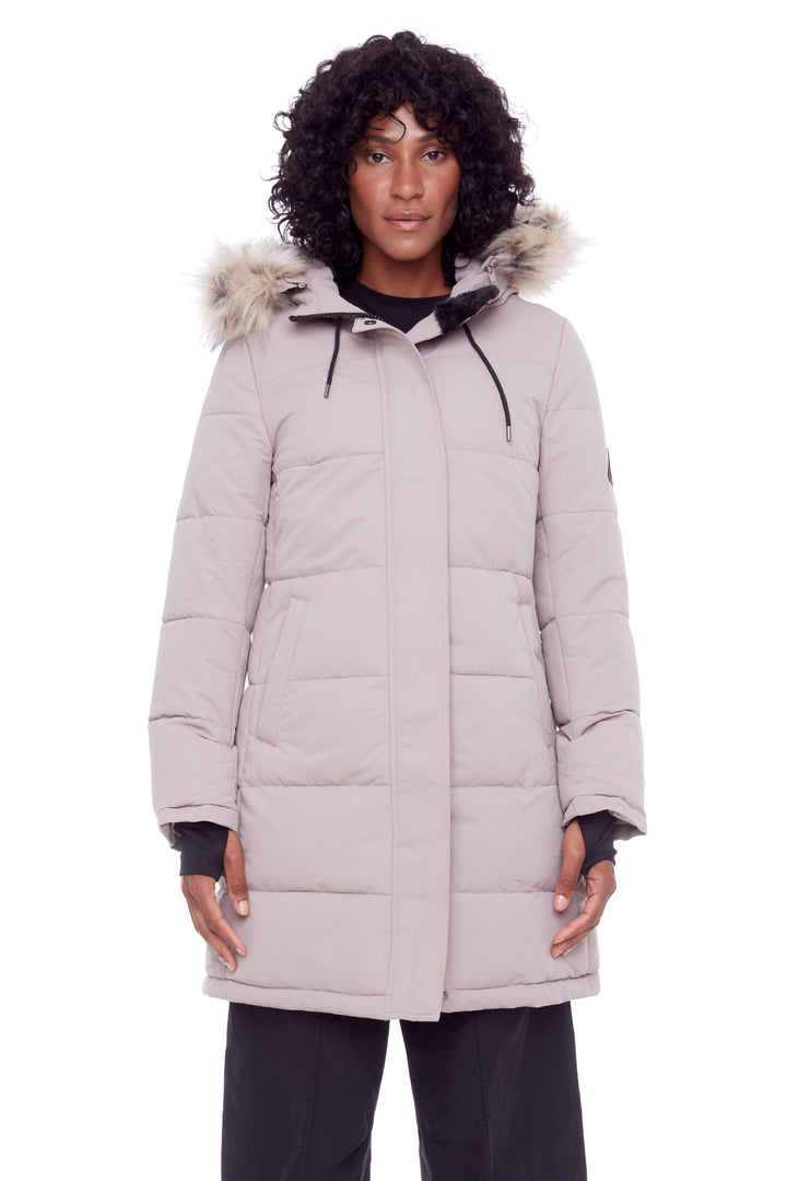 AULAVIK | WOMEN'S VEGAN DOWN (RECYCLED) MID-LENGTH HOODED PARKA COAT, LIGHT TAUPE