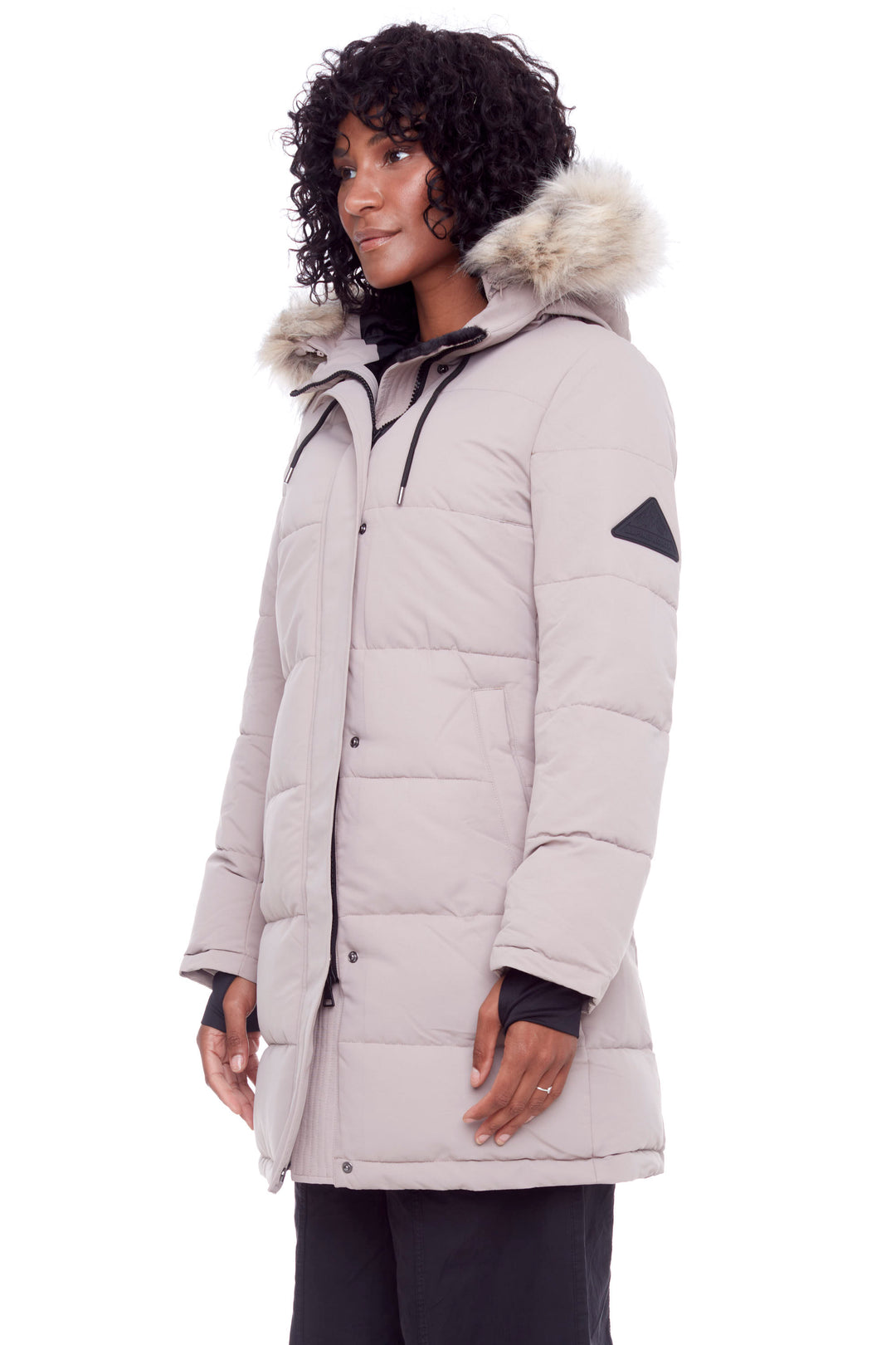 AULAVIK | WOMEN'S VEGAN DOWN (RECYCLED) MID-LENGTH HOODED PARKA COAT, LIGHT TAUPE