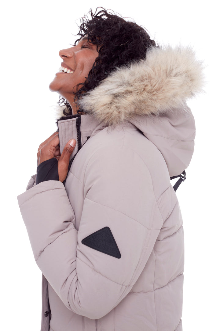 AULAVIK | WOMEN'S VEGAN DOWN (RECYCLED) MID-LENGTH HOODED PARKA COAT, LIGHT TAUPE