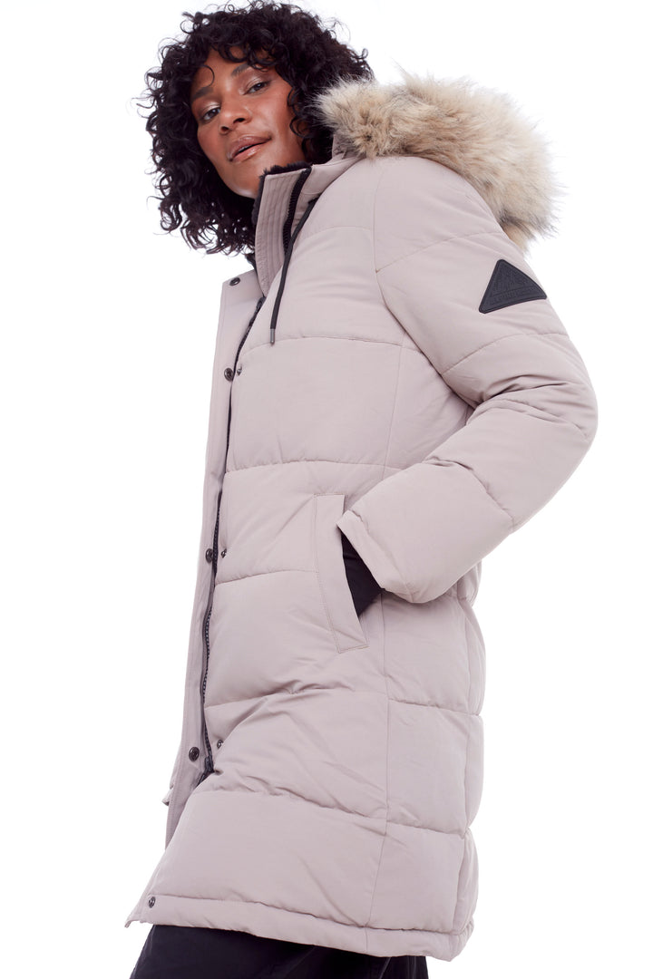 AULAVIK | WOMEN'S VEGAN DOWN (RECYCLED) MID-LENGTH HOODED PARKA COAT, LIGHT TAUPE