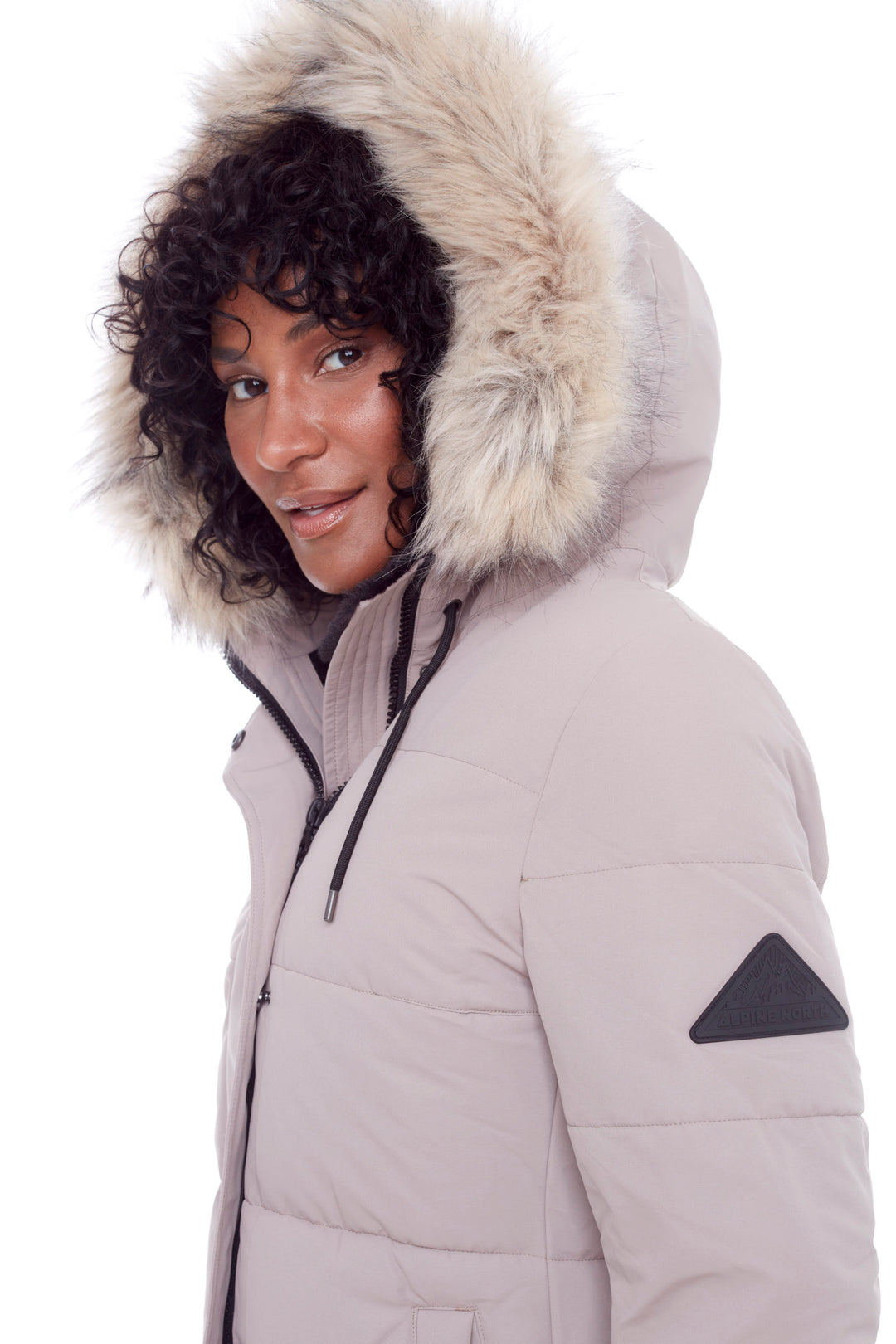 AULAVIK | WOMEN'S VEGAN DOWN (RECYCLED) MID-LENGTH HOODED PARKA COAT, LIGHT TAUPE