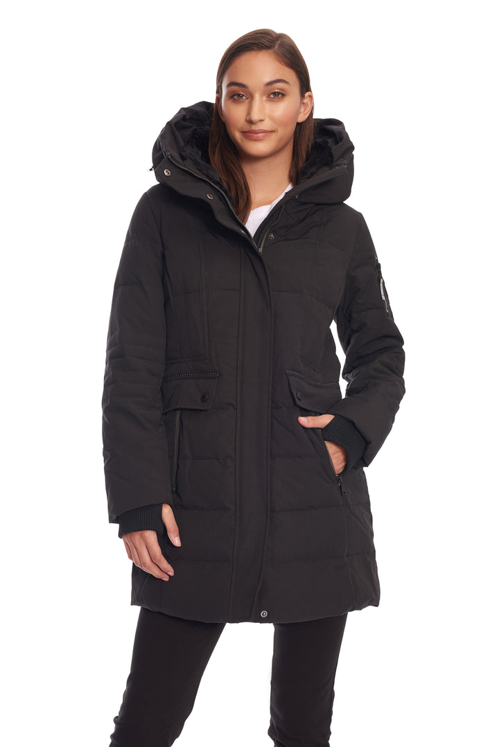 KOOTNEY | WOMEN'S VEGAN DOWN (RECYCLED) MID-LENGTH PARKA, BLACK