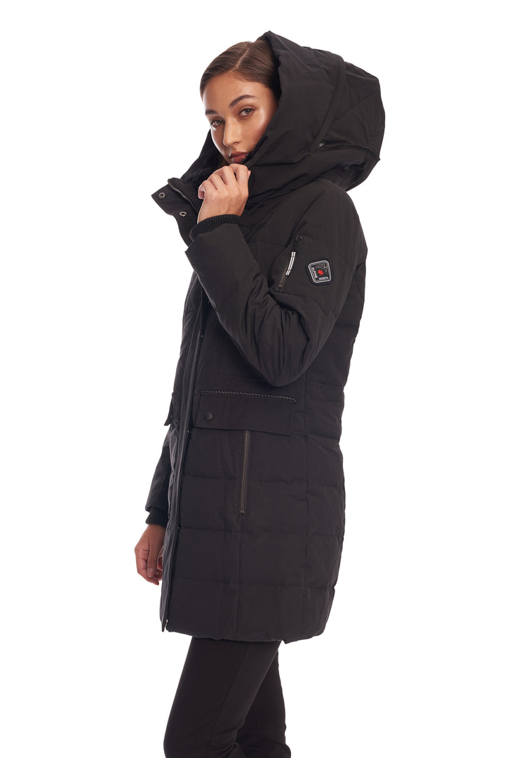 KOOTNEY | WOMEN'S VEGAN DOWN (RECYCLED) MID-LENGTH PARKA, BLACK