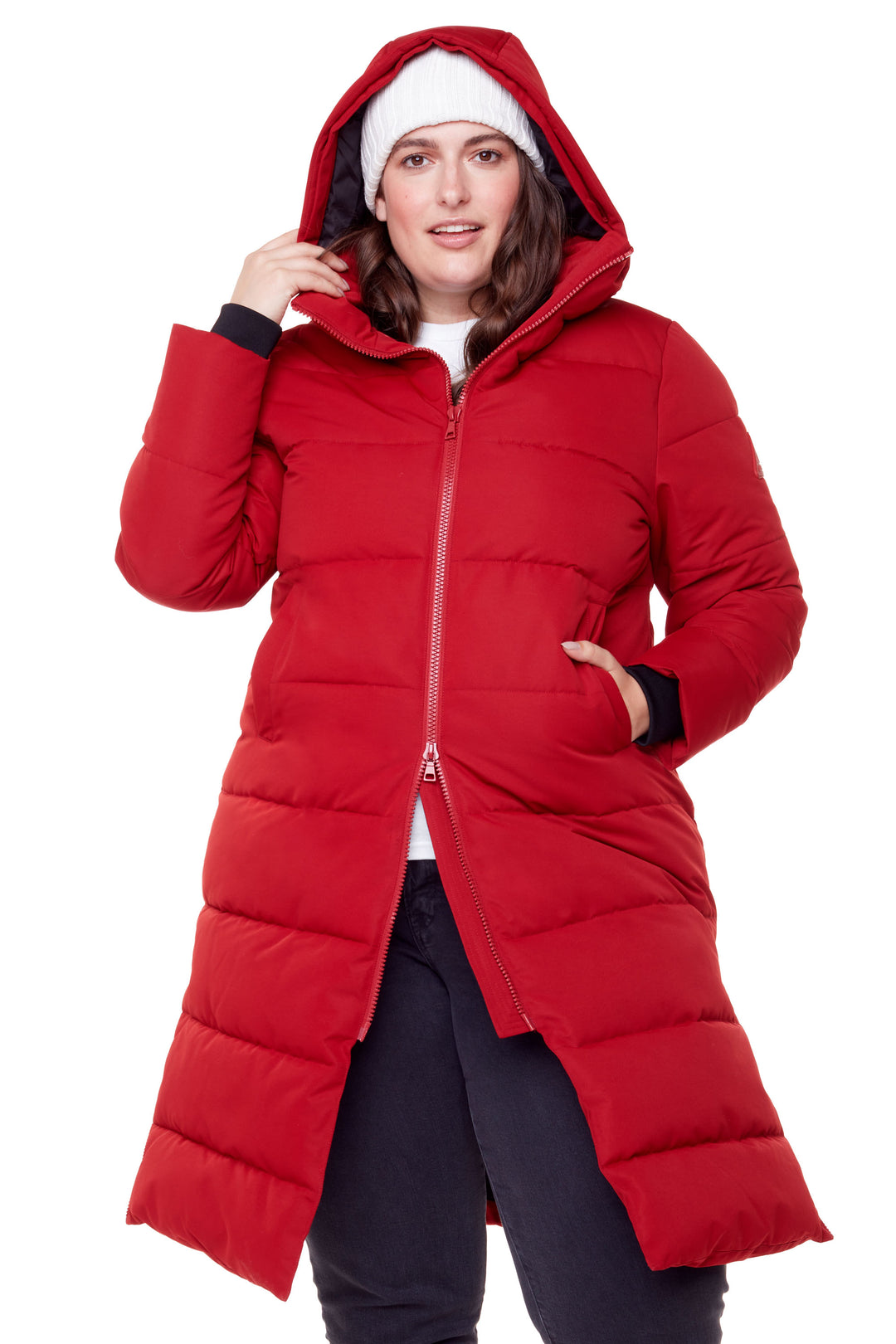 WOMEN'S VEGAN DOWN (RECYCLED) ULTRA LONG LENGTH PARKA, DEEP RED (PLUS SIZE)