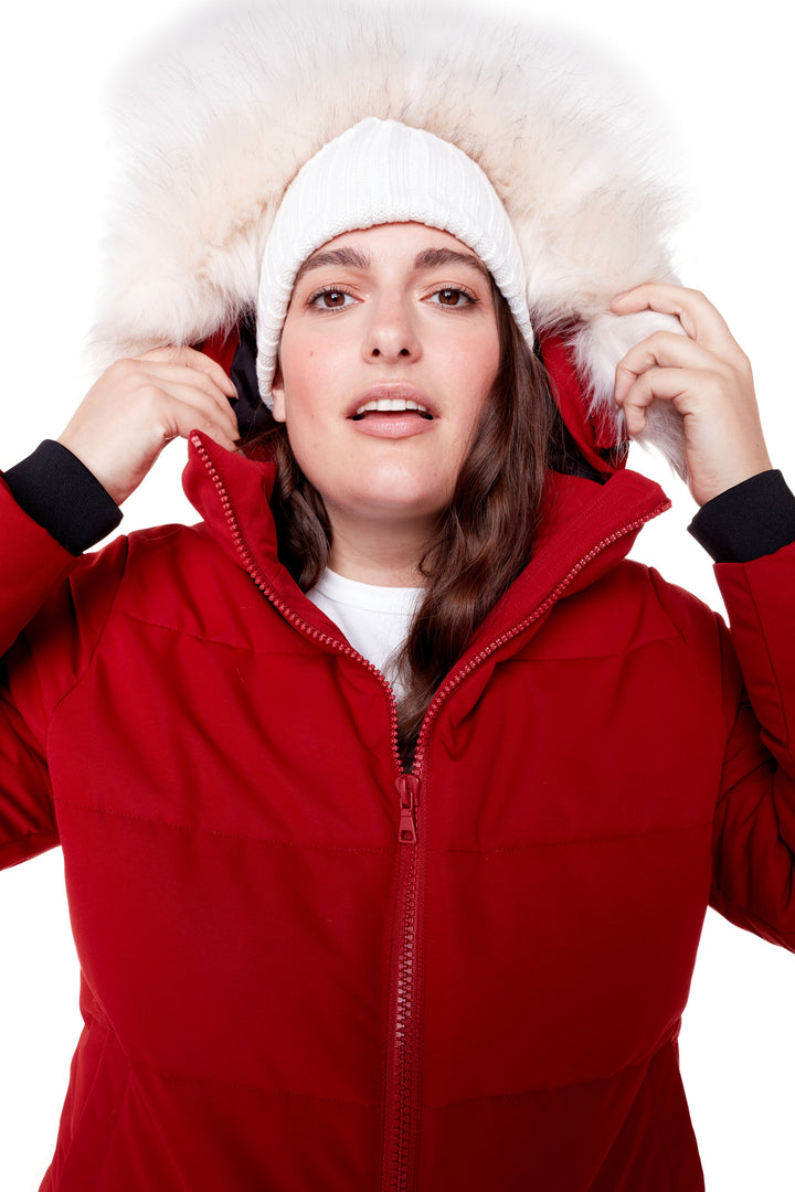 WOMEN'S VEGAN DOWN (RECYCLED) ULTRA LONG LENGTH PARKA, DEEP RED (PLUS SIZE)