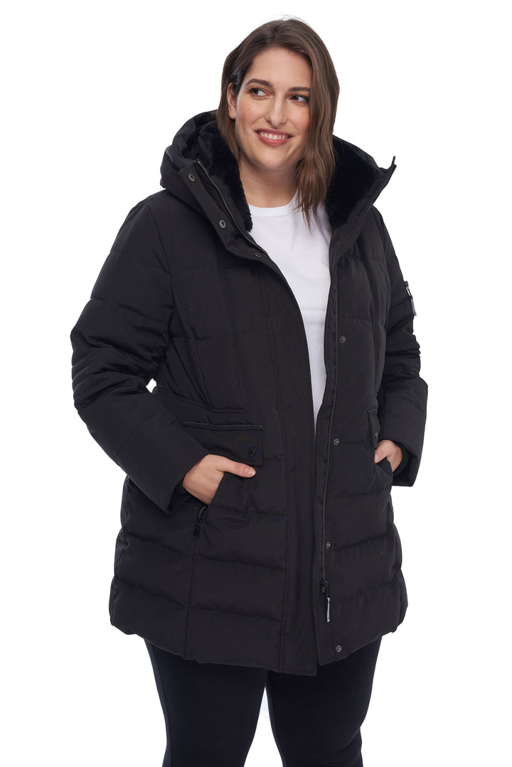 WOMEN'S VEGAN DOWN (RECYCLED) MID-LENGTH PARKA, BLACK (PLUS SIZE)