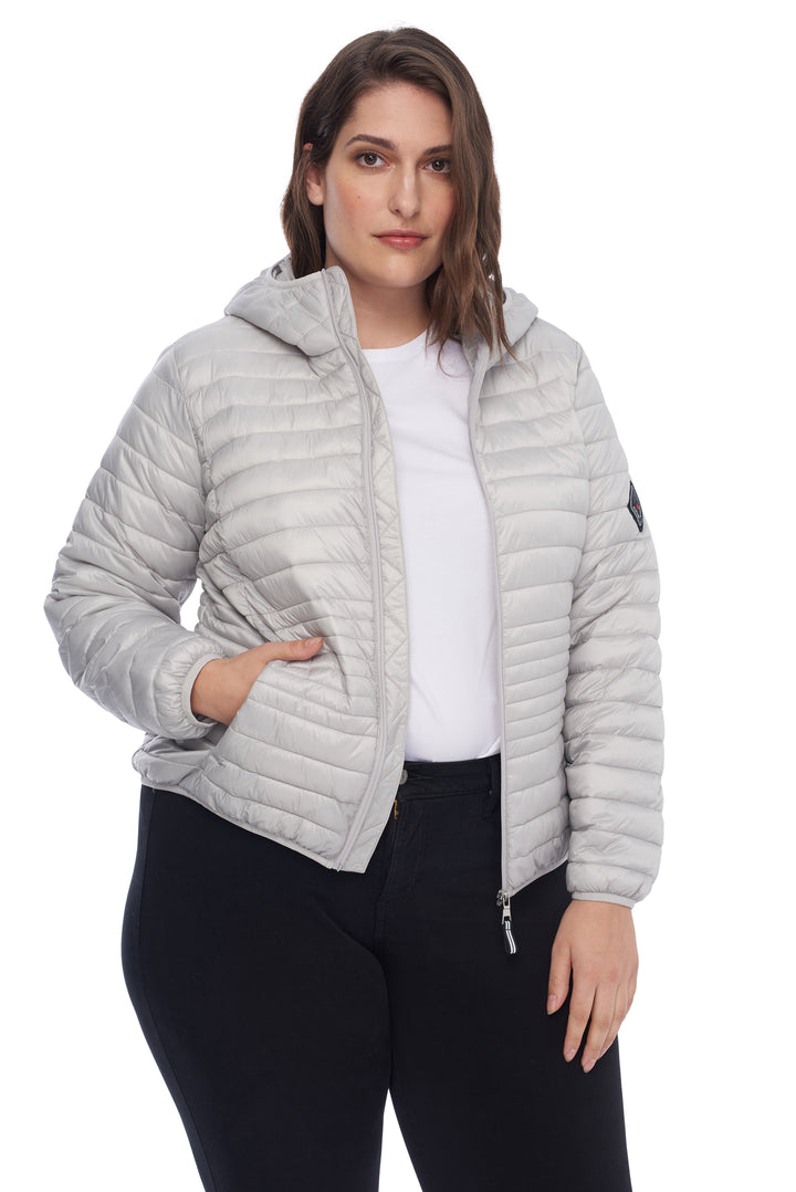 WOMEN'S VEGAN DOWN LIGHTWEIGHT PACKABLE PUFFER, SILVER (PLUS SIZE)
