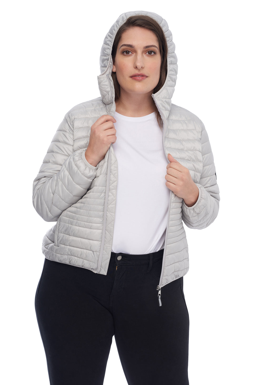 WOMEN'S VEGAN DOWN LIGHTWEIGHT PACKABLE PUFFER, SILVER (PLUS SIZE)