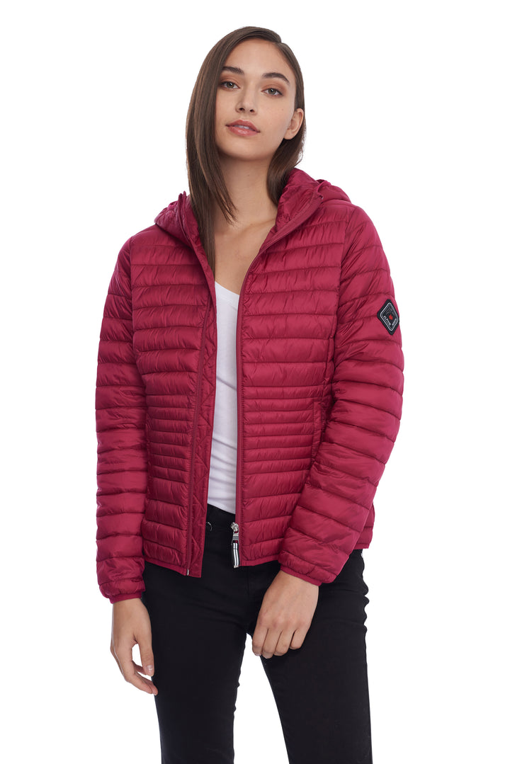 WOMEN'S VEGAN DOWN LIGHTWEIGHT PACKABLE PUFFER, RASPBERRY