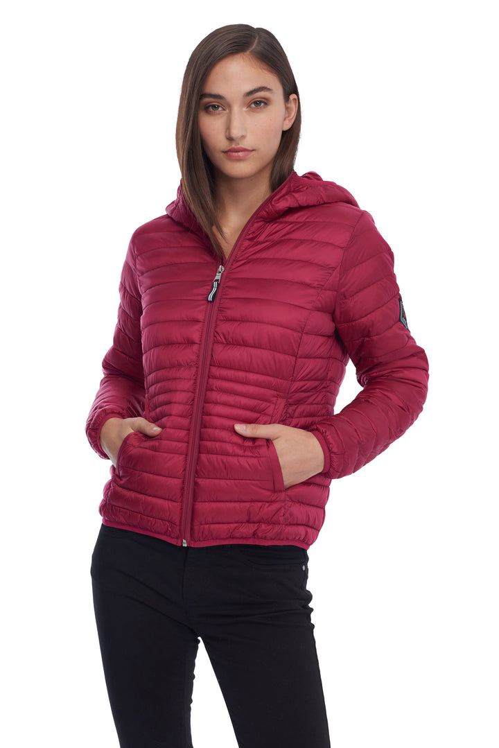 WOMEN'S VEGAN DOWN LIGHTWEIGHT PACKABLE PUFFER, RASPBERRY