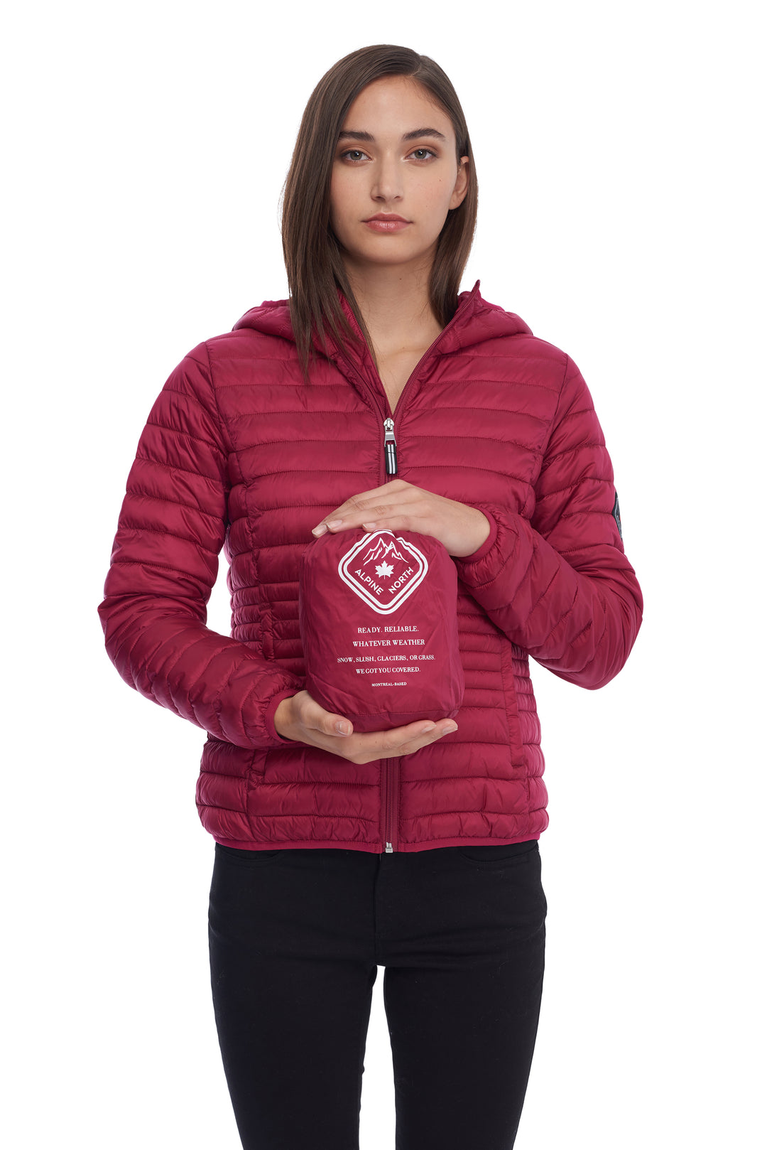 WOMEN'S VEGAN DOWN LIGHTWEIGHT PACKABLE PUFFER, RASPBERRY