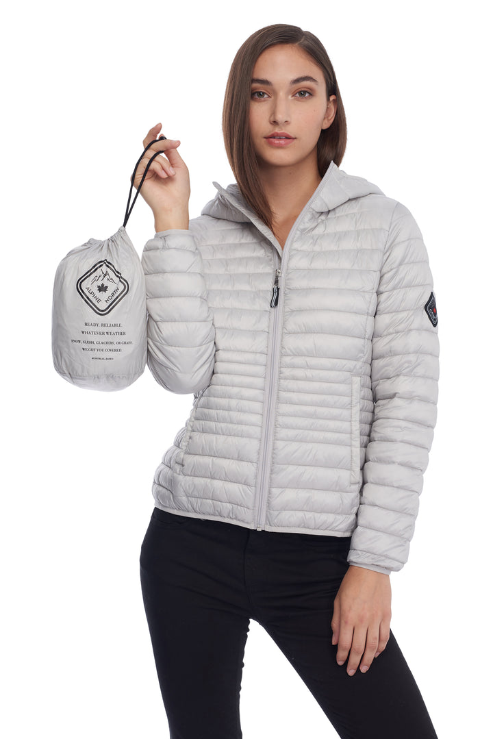 WOMEN'S VEGAN DOWN LIGHTWEIGHT PACKABLE PUFFER, SILVER