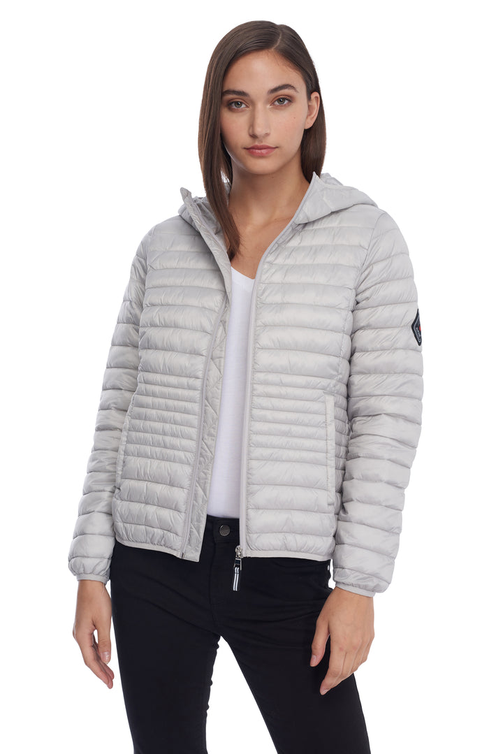 WOMEN'S VEGAN DOWN LIGHTWEIGHT PACKABLE PUFFER, SILVER