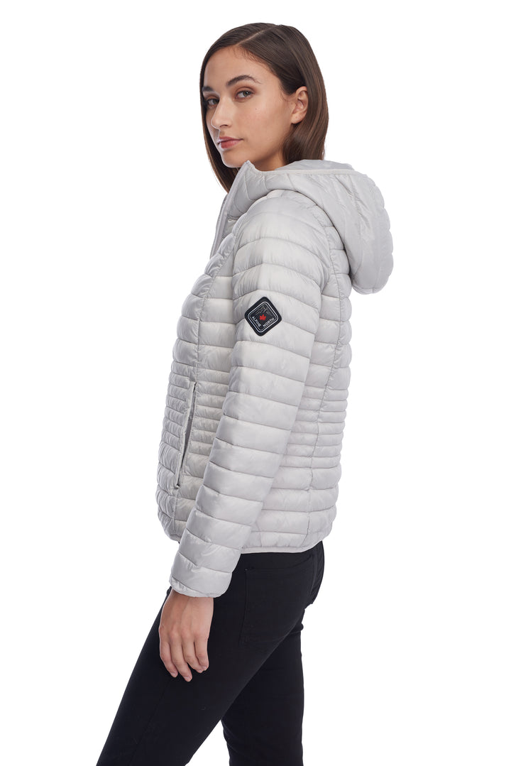 WOMEN'S VEGAN DOWN LIGHTWEIGHT PACKABLE PUFFER, SILVER