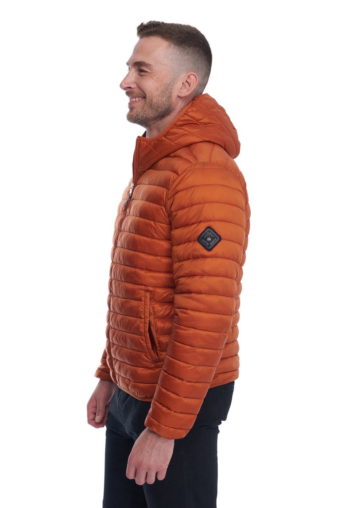 MEN'S VEGAN DOWN LIGHTWEIGHT PACKABLE PUFFER, BURNT ORANGE
