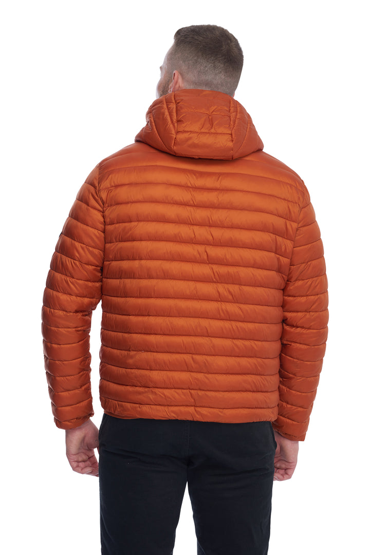 MEN'S VEGAN DOWN LIGHTWEIGHT PACKABLE PUFFER, BURNT ORANGE